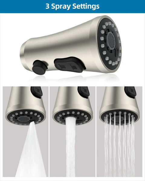 Universal Faucet Head Replacement Kit With 15 Adapters, Brushed Nickel, 3 Function Pull Down Kitchen Sprayer showing spray settings.