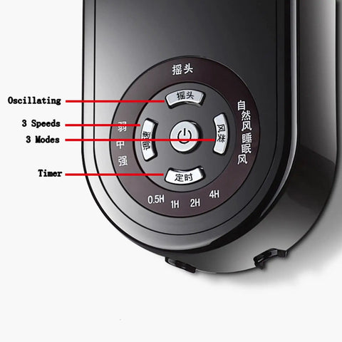Built Heavy High Velocity Wall Fan Air Circulator With Three Speed Tilting And Oscillating Motion showing control panel with speed, mode, and timer options.