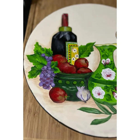 Hand Painted 13 Inch Lazy Susan With Wine And Fruit Design featuring wine bottle and fruit art on bamboo turntable