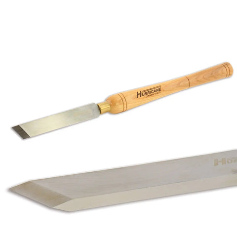 No Frills Skew Chisel Set For Woodturning Projects Built Tough With High Speed Steel Cutting Edges and beech handle chisel close-up.