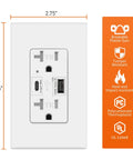 Dual USB C And USB A Wall Outlet With 4.8A 24W Quick Charge Receptacle 20 Amp Commercial Grade Tamper Resistant UL Listed White