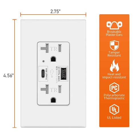 Dual USB C And USB A Wall Outlet With 4.8A 24W Quick Charge Receptacle 20 Amp Commercial Grade Tamper Resistant UL Listed White