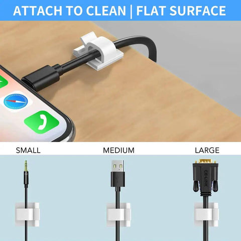 Cable clip holding black cable on desk, sizes shown for upgraded 50 pack cable clips with strong adhesive tapes for wire clips and cord organizer.