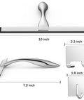 Stainless steel shower squeegee with 10-inch blade and two adhesive hooks, silver bathroom cleaning tool.