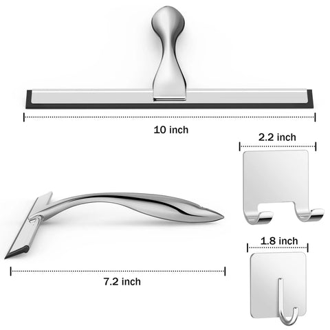 Stainless steel shower squeegee with 10-inch blade and two adhesive hooks, silver bathroom cleaning tool.