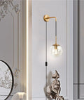 Mid Century Modern Globe Wall Sconce Set Of Two Plug In Brushed Brass Gold Finish With Clear Bubble Glass Balls For Bathroom