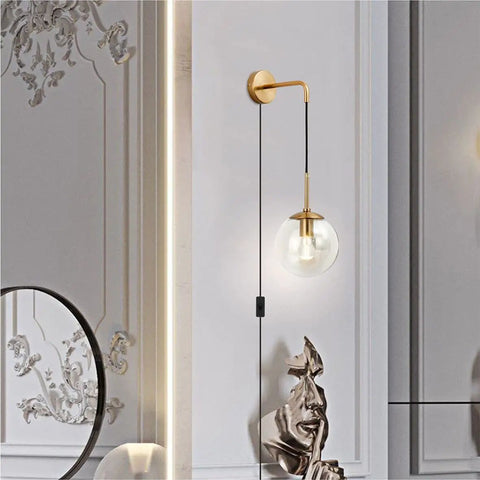 Mid Century Modern Globe Wall Sconce Set Of Two Plug In Brushed Brass Gold Finish With Clear Bubble Glass Balls For Bathroom