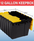 Heavy Duty 12 Gallon Storage Containers With Attached Lids, Stackable Workshop Totes For Garage Organization Setup with dimensions.