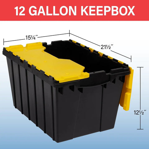 Heavy Duty 12 Gallon Storage Containers With Attached Lids, Stackable Workshop Totes For Garage Organization Setup with dimensions.