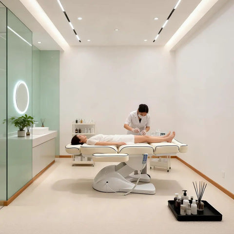 Qnoxlim Full Electric Massage Table With Lift, Whole Piece 3 Motor Professional Facial Bed in spa setting with client receiving treatment.