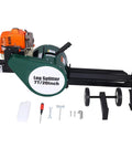 Heavy Duty Yard Beast 7 Ton Gas Log Splitter With Double Flywheel Auto Return Portable 63cc Engine Hustle Free Horizontal Setup 20 Inch Cut Length For Fast Chopping Days, showing parts and tool.