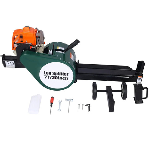 Heavy Duty Yard Beast 7 Ton Gas Log Splitter With Double Flywheel Auto Return Portable 63cc Engine Hustle Free Horizontal Setup 20 Inch Cut Length For Fast Chopping Days, showing parts and tool.