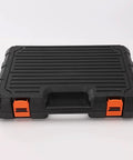Closed black toolbox with orange latches for the 102 Piece Home Repair Tool Kit Must Have In Sturdy Toolbox For Men And Women