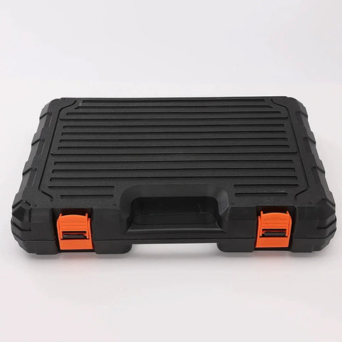 Closed black toolbox with orange latches for the 102 Piece Home Repair Tool Kit Must Have In Sturdy Toolbox For Men And Women