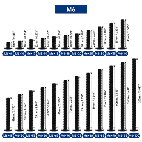 65mm Flat Head Hex Socket Cap Screws in black coated 304 stainless steel M6 with wrench, for harsh environments and binding posts.