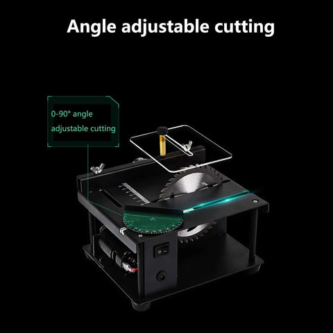 Killer Slick Mini Table Saw Electric Rotary Tool With Variable Speed Motor And 0 To 90 Adjustable Angle showing angle gauge and cutting blade.