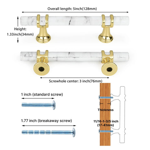 White Marble And Gold Drawer Pulls Set, 10 Pack, 3 Inch Center Hole T Bar Zinc Alloy Cabinet Handles measurement diagram