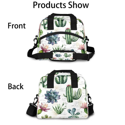 Front and back view of Desert Plant Inspired Tropical Green Insulated Lunch Bag For Women And Men With Adjustable Shoulder Strap