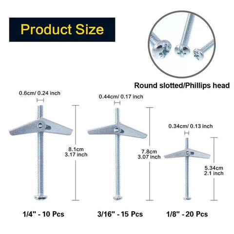 Heavy Duty Toggle Bolts Set Three Box 135 Pieces For Hollow Walls And Drywall Ceiling Mounts Including Beefy Toggle Bolts And Wing Nuts Rust Resistant Premium Metal Perfect For Lightweight Fixtures Shelves Cabinets product sizes
