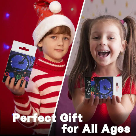Two kids holding Two Wheel Pack Lit Ultra Bright LED Bike Wheel Lights, showcasing packaging, perfect gift for all ages.