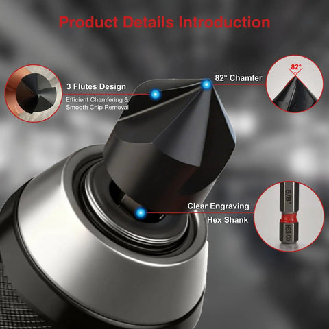 M35 Cobalt TiAlN Coated Countersink Drill Bit Set detail showing 82° chamfer, 3 flutes design, and hex shank.