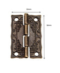 Antique Bronze Small Hinges Set 2 Pcs Engraved Decorative Hinges For Wooden Boxes Jewelry Boxes Dollhouses Gift Boxes Toy Chests Cabinets Bird Houses 1.42 Inches By 0.91 Inches Great For Gift Boxes Dollhouse Projects And Tiny Cabinet Makeovers, shown with measurements 36x23mm.