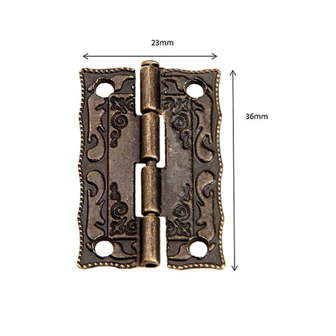 Antique Bronze Small Hinges Set 2 Pcs Engraved Decorative Hinges For Wooden Boxes Jewelry Boxes Dollhouses Gift Boxes Toy Chests Cabinets Bird Houses 1.42 Inches By 0.91 Inches Great For Gift Boxes Dollhouse Projects And Tiny Cabinet Makeovers, shown with measurements 36x23mm.