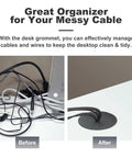 Super Sleek Two Inch Desk Grommet Cable Hole Covers To Tame Messy Office Wires, showing before and after cable management.