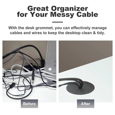 Super Sleek Two Inch Desk Grommet Cable Hole Covers To Tame Messy Office Wires, showing before and after cable management.
