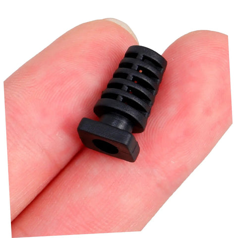 Close-up of a black piece from 100 Pieces Cable Glands Protector Kit Strain Relief Cord Grips For Electrical Wires held between fingers.