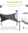 Waterproof Sun Shade Sail 10x10 Charcoal installation tips showing angled setup for rain drainage, polyester with waterproof process.