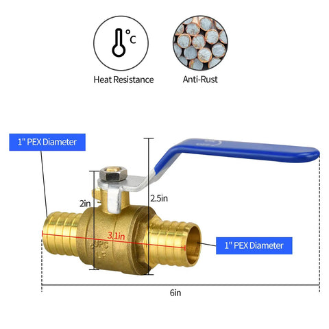 4 Pack 1 Inch PEX Brass Full Port Ball Valves For Water And Heating Circulation No Lead Certified Brass Shut Off Valves dimensions