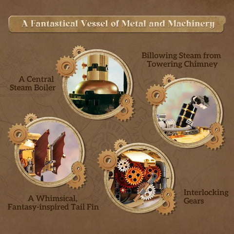 Steampunk Airship Model Kit For Grownups Dual Layer Zeppelin With Gear Driven Mechanical System showcasing steam boiler and gears