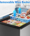 Compact 3.5 Cubic Feet Chest Freezer With Seven Adjustable Temperature Controls Keeps Your Frozen Goods Pretty Dang Fresh While Being A Total Game Changer For Your Garage with a removable wire basket for organized storage.
