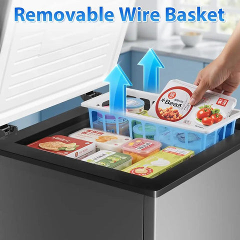 Compact 3.5 Cubic Feet Chest Freezer With Seven Adjustable Temperature Controls Keeps Your Frozen Goods Pretty Dang Fresh While Being A Total Game Changer For Your Garage with a removable wire basket for organized storage.