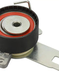 Thinking Process: automotive timing belt tensioner pulley, black rubber and metal, for engine repair