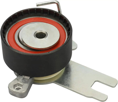 Thinking Process: automotive timing belt tensioner pulley, black rubber and metal, for engine repair