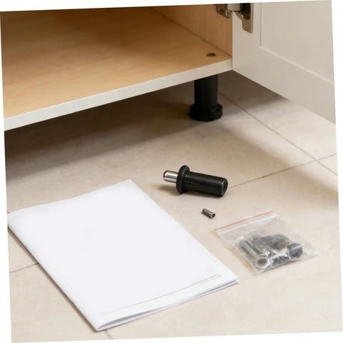 24 Piece Cabinet Door Repair Pins Kit With Spring Loaded Hinge Pins for Plastic and Metal, showing contents near open cabinet door.