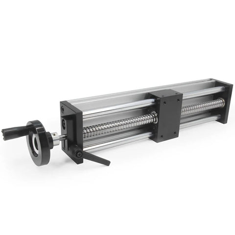 Beefy 250mm Linear Rail Guide With Double Optical Axis And SFU1605 Ballscrew 5mm Lead Manual Sliding Table For CNC Router Machines High Hardness Metal Construction 250mm Travel, hand crank view