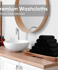 HOMEXCEL black washcloths 24-pack microfiber towels on a wooden tray beside a bathroom sink, 12x12 inches.