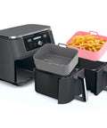 2 Pack 10 Qt Silicone Air Fryer Liners For Ninja DZ401 DZ550 Dual Zone Reusable Rectangular Pot Inserts Gray and Pink shown with air fryer