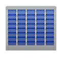 40 Drawer Steel Parts Cabinet With ABS Bin Organizers for Garage and Workshop, front view showing blue drawers and steel frame