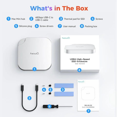 Plug And Play 40Gbps M2 NVMe SSD Enclosure For Mac Mini M4 And Pro With Ice Cold Active Cooling and accessories in the box.