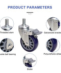 Heavy Duty TPU Swivel Caster Wheels With Brakes Top Plate Mount 360 Degree Swivel Mx Threaded Stem Rolling Casters detail view