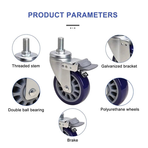 Heavy Duty TPU Swivel Caster Wheels With Brakes Top Plate Mount 360 Degree Swivel Mx Threaded Stem Rolling Casters detail view