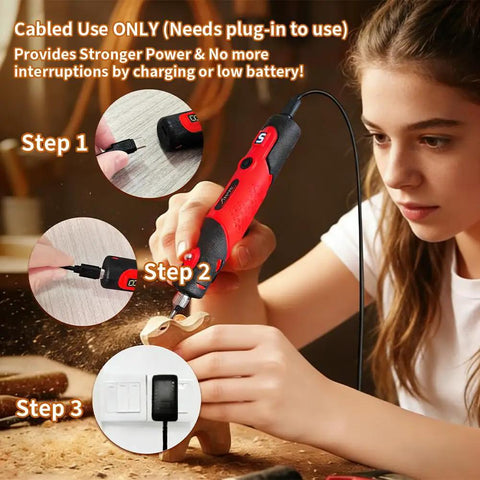 Plug In Corded Rotary Tool Kit With Electric Detail Sander And Tiny Grinder Pen For Precision Woodworking Metal Finishing And DIY Repairs No Battery Noise Free Power For Long Sessions, girl using corded rotary tool on wood