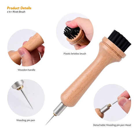 All In One Vinyl Wrap Roller Kit Pro Grade 2 In 1 Rivet Brush Applicator with wooden handle, plastic bristles, weeding pin