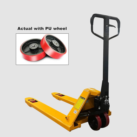Beefy Heavy Duty Manual Pallet Jack With 7700 Lb Capacity And 48 Inch Long By 27 Inch Wide Forks Ergonomic Handle 7.1 Inch Polyurethane Wheels