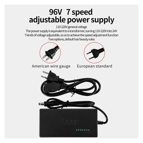 96V adjustable power supply with 7 speeds, 110-220V voltage, American and European plugs for versatile electrical use.