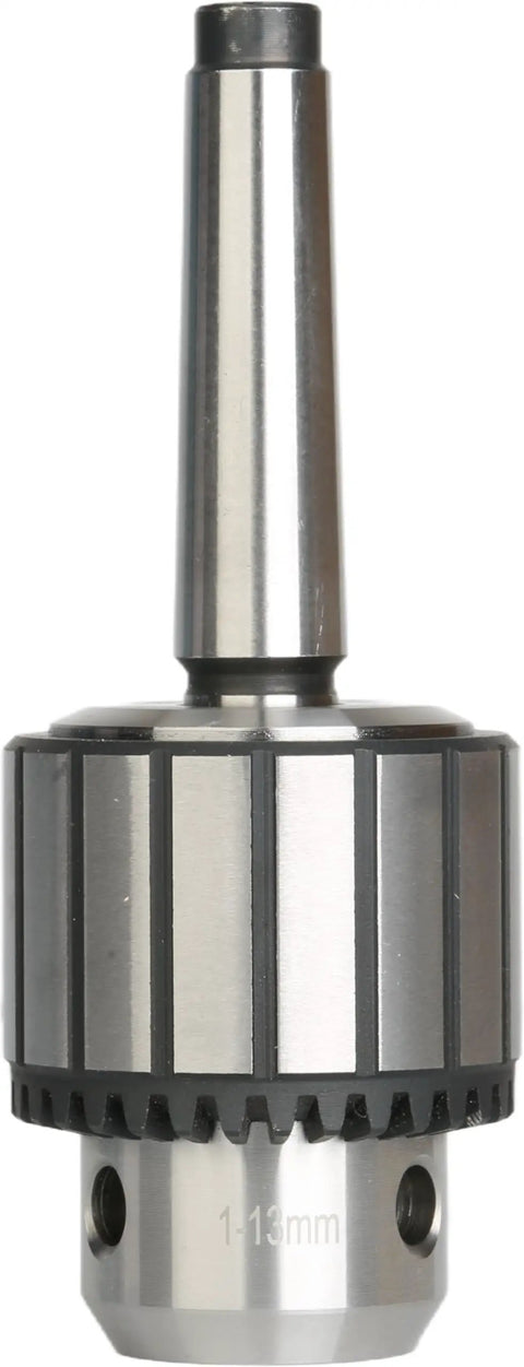 Heavy Duty 1/2 Inch Keyed Drill Chuck With Two Morse Taper Arbor showing alloy steel build with a 1-13mm capacity for drill presses.